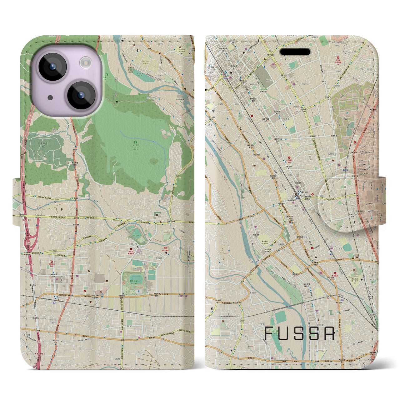 【福生】地図柄iPhoneケース（手帳両面タイプ・ナチュラル）iPhone 14 用