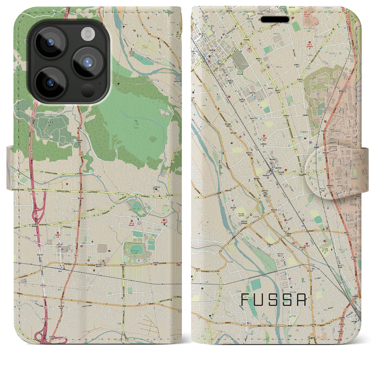 【福生】地図柄iPhoneケース（手帳両面タイプ・ナチュラル）iPhone 15 Pro Max 用