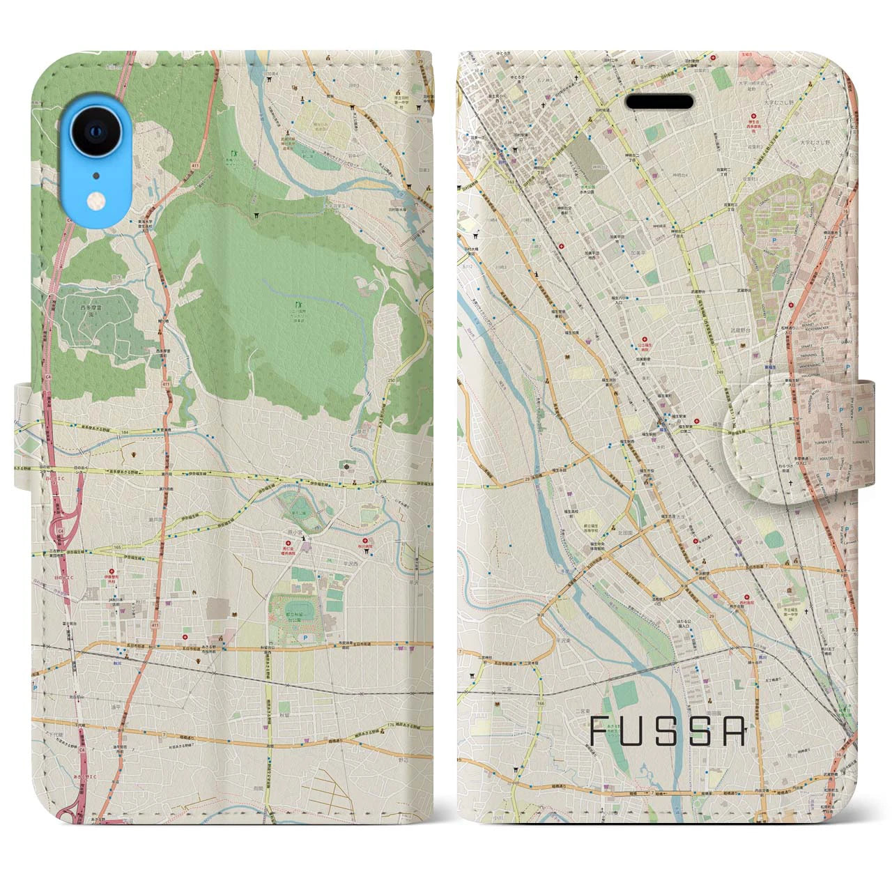 【福生】地図柄iPhoneケース（手帳両面タイプ・ナチュラル）iPhone XR 用