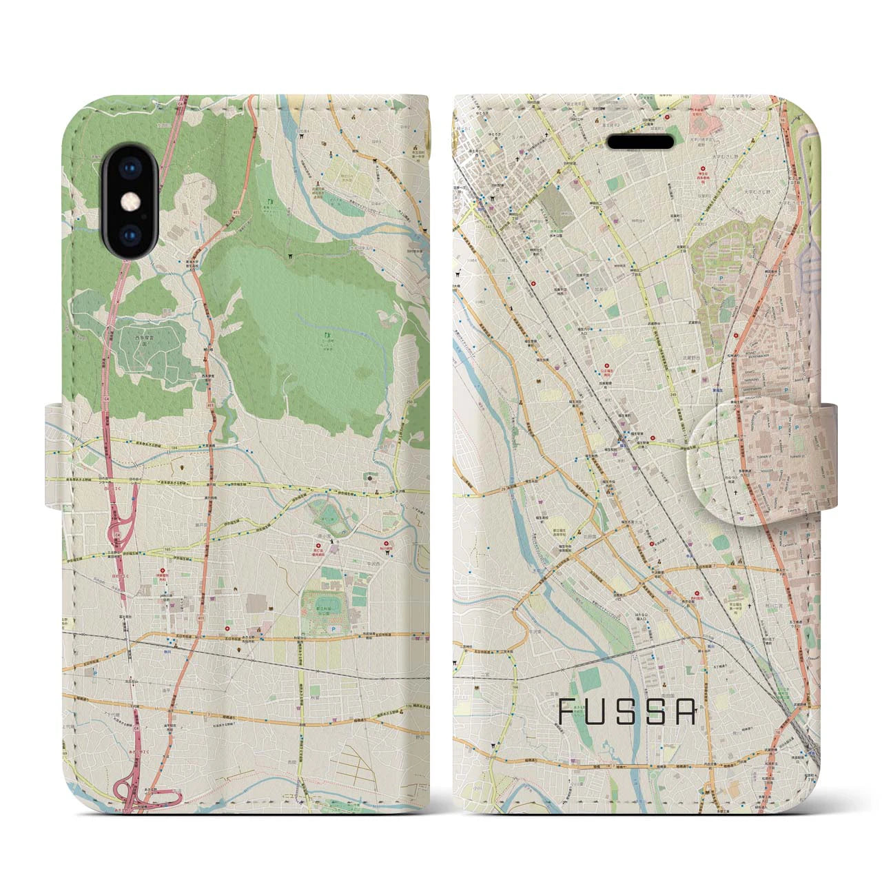 【福生】地図柄iPhoneケース（手帳両面タイプ・ナチュラル）iPhone XS / X 用