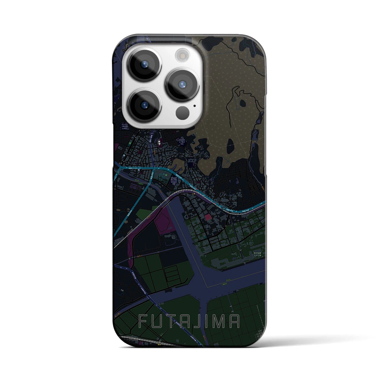 【二島】地図柄iPhoneケース（バックカバータイプ・ブラック）iPhone 14 Pro 用