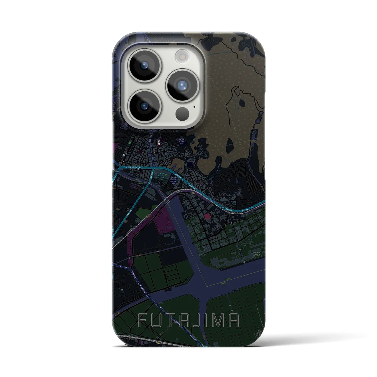 【二島】地図柄iPhoneケース（バックカバータイプ・ブラック）iPhone 15 Pro 用