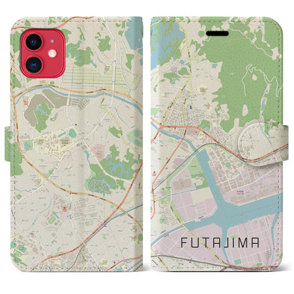 【二島（福岡県）】地図柄iPhoneケース（手帳タイプ）ナチュラル・iPhone 11 用