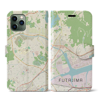 【二島（福岡県）】地図柄iPhoneケース（手帳タイプ）ナチュラル・iPhone 11 Pro 用