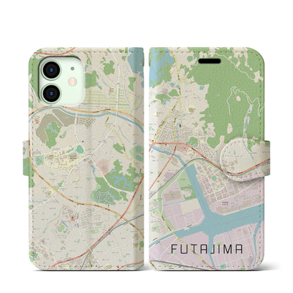 【二島（福岡県）】地図柄iPhoneケース（手帳タイプ）ナチュラル・iPhone 12 mini 用