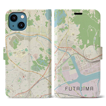 【二島（福岡県）】地図柄iPhoneケース（手帳タイプ）ナチュラル・iPhone 13 用