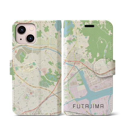 【二島（福岡県）】地図柄iPhoneケース（手帳タイプ）ナチュラル・iPhone 13 mini 用