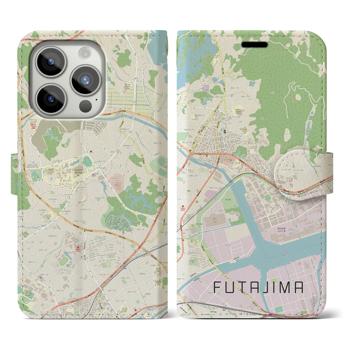 【二島】地図柄iPhoneケース（手帳両面タイプ・ナチュラル）iPhone 15 Pro 用