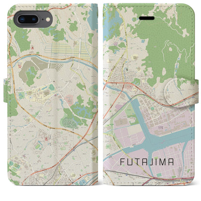 【二島（福岡県）】地図柄iPhoneケース（手帳タイプ）ナチュラル・iPhone 8Plus /7Plus / 6sPlus / 6Plus 用