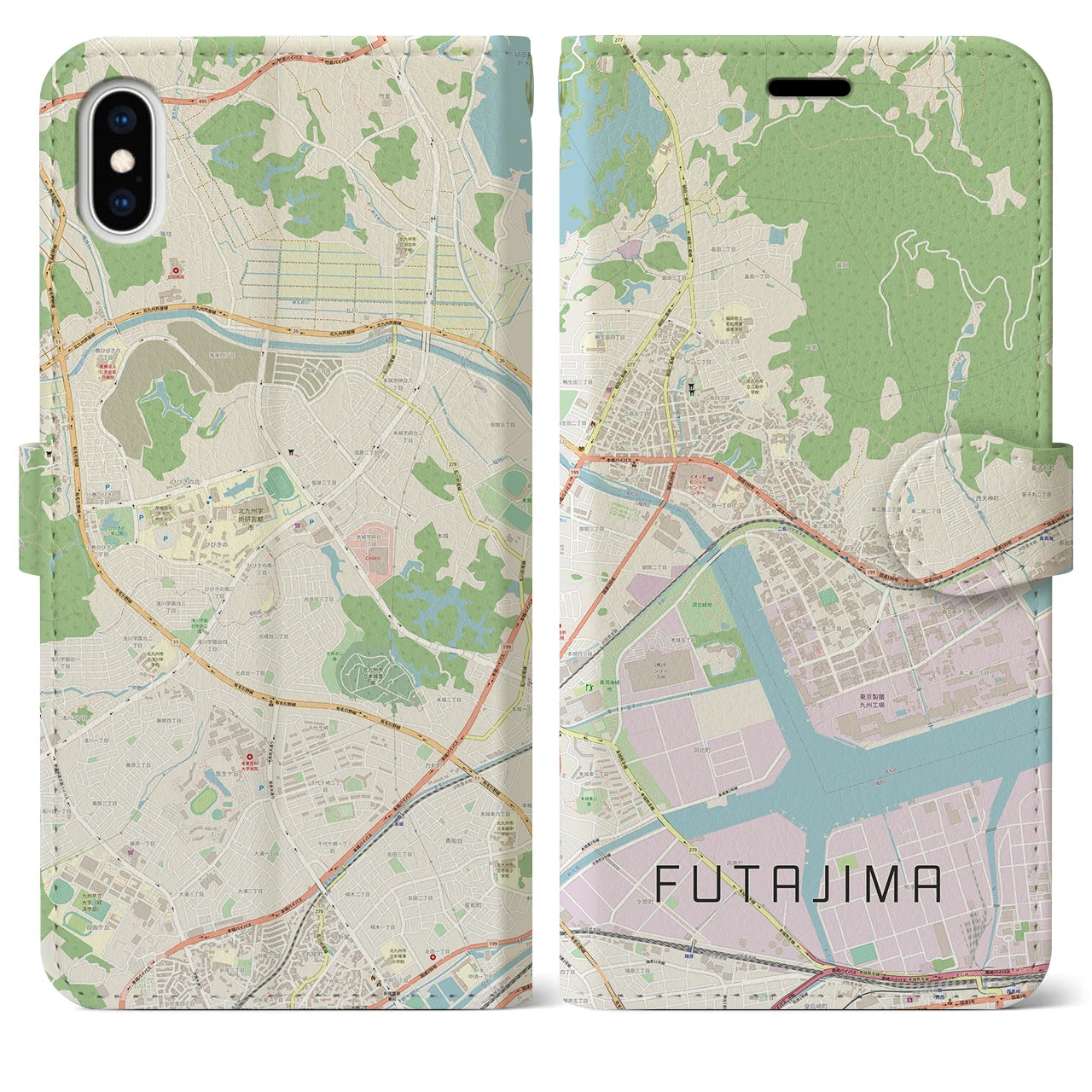 【二島】地図柄iPhoneケース（手帳両面タイプ・ナチュラル）iPhone XS Max 用