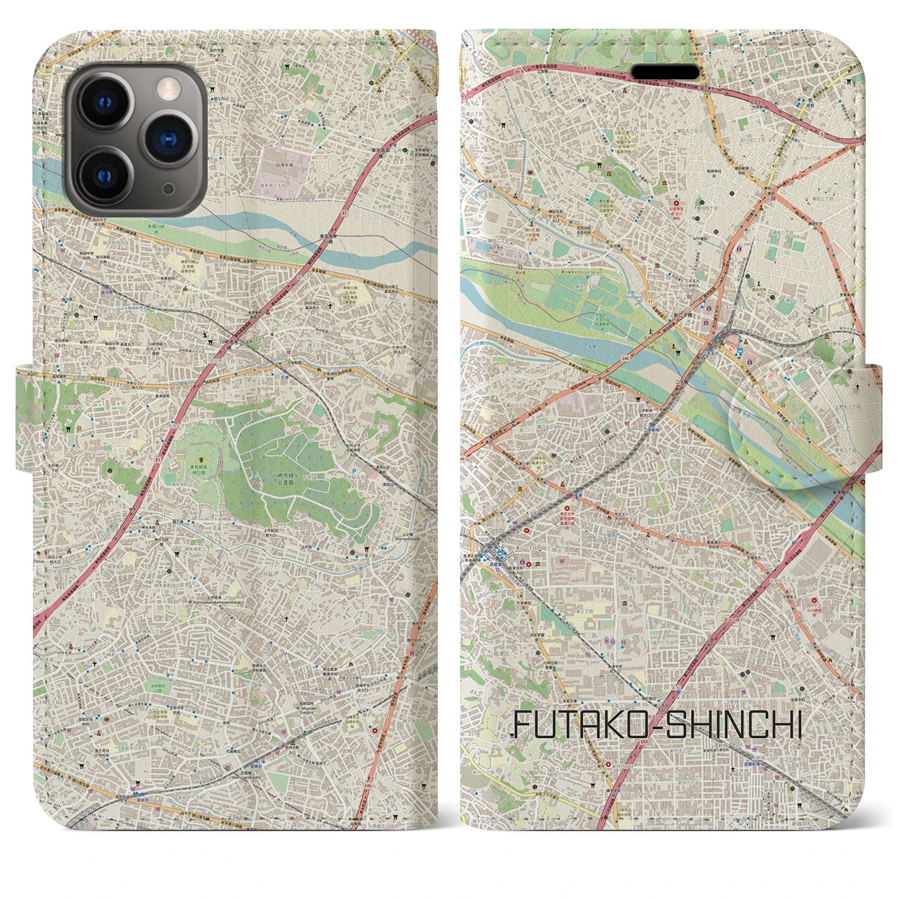 【二子新地】地図柄iPhoneケース（手帳両面タイプ・ナチュラル）iPhone 11 Pro Max 用