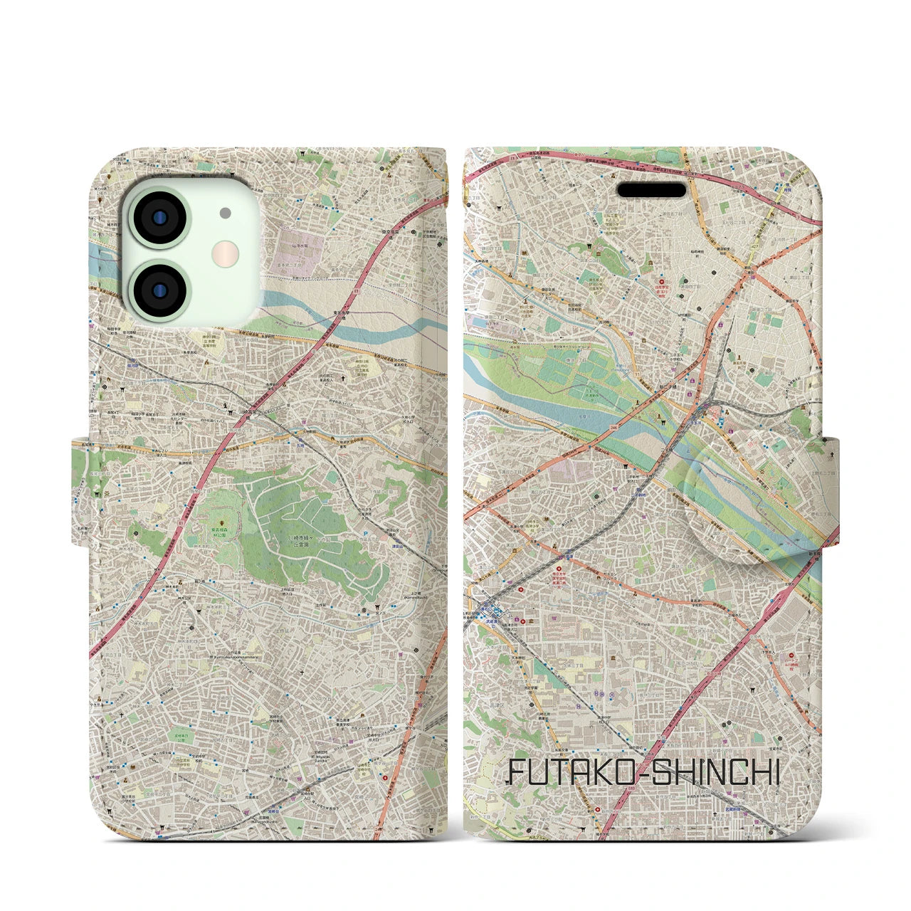 【二子新地】地図柄iPhoneケース（手帳両面タイプ・ナチュラル）iPhone 12 mini 用