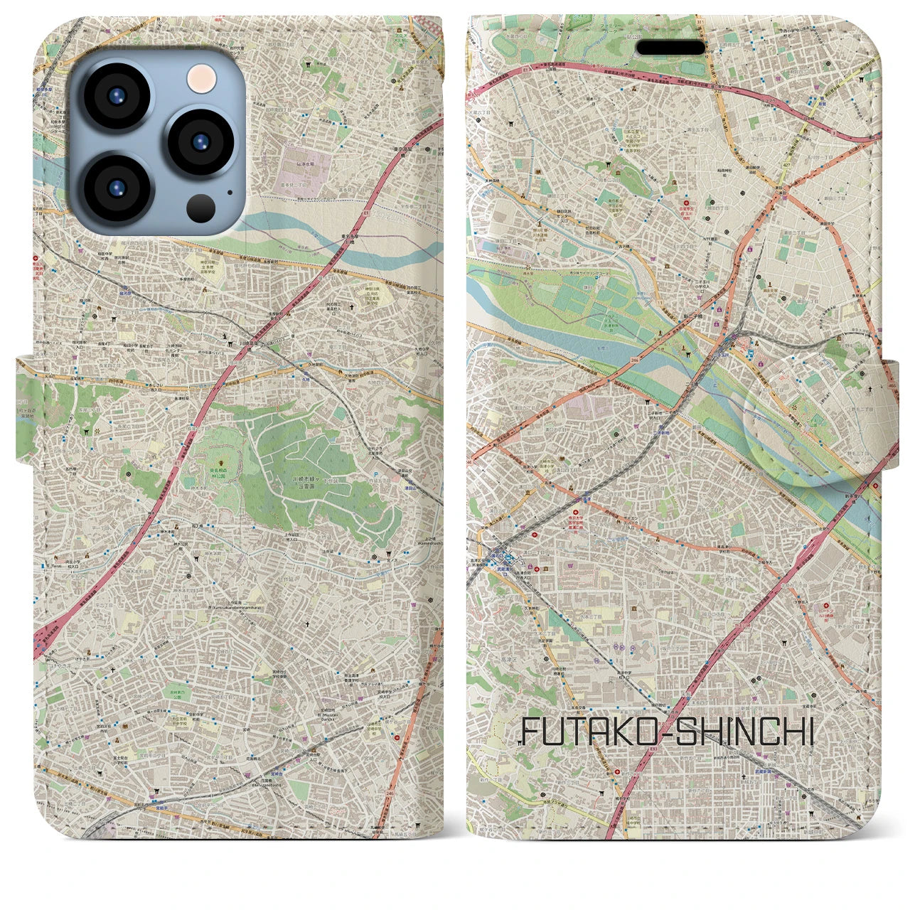 【二子新地】地図柄iPhoneケース（手帳両面タイプ・ナチュラル）iPhone 13 Pro Max 用