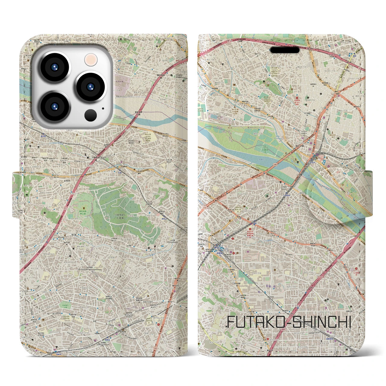 【二子新地】地図柄iPhoneケース（手帳両面タイプ・ナチュラル）iPhone 13 Pro 用