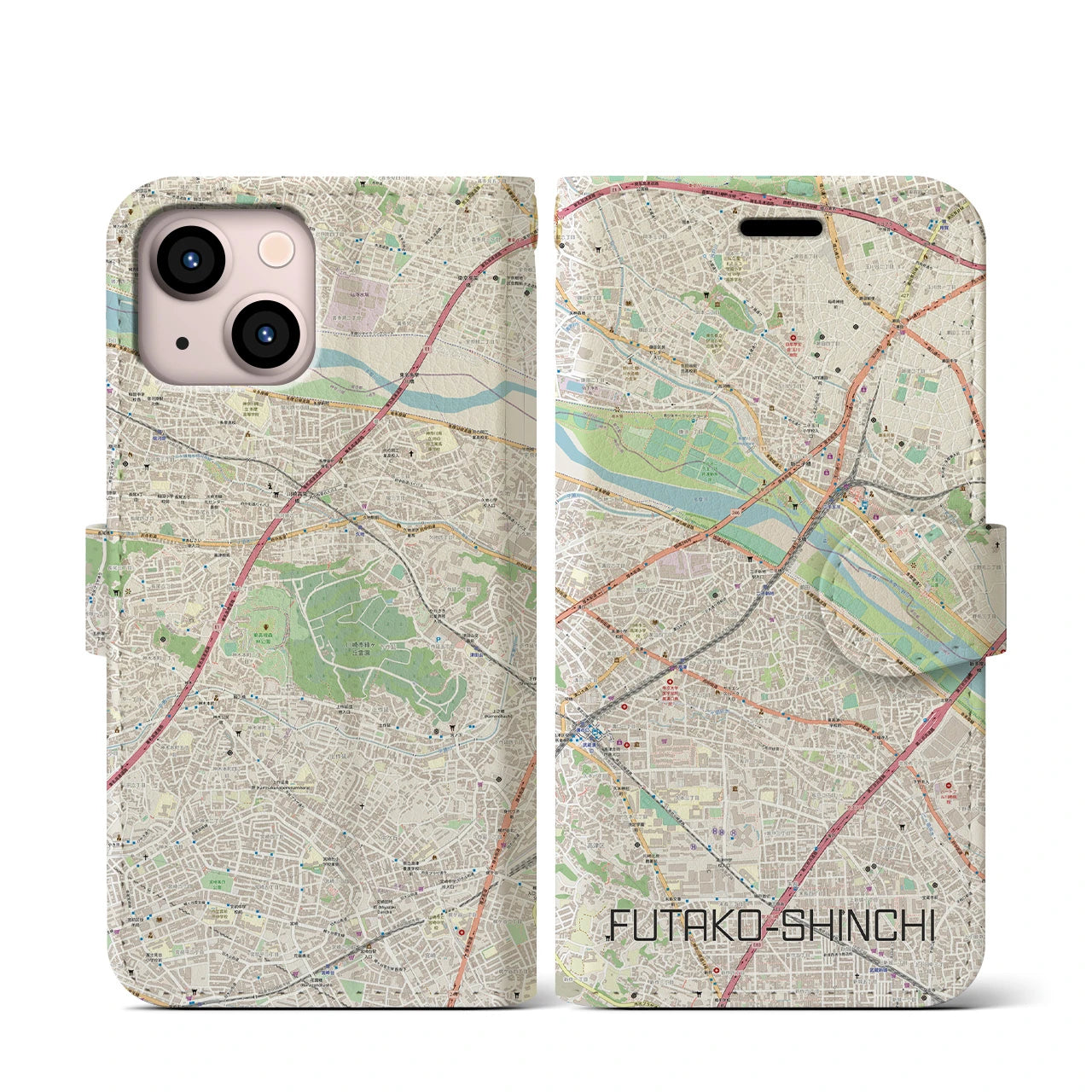 【二子新地】地図柄iPhoneケース（手帳両面タイプ・ナチュラル）iPhone 13 mini 用