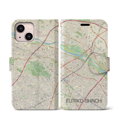 【二子新地（神奈川県）】地図柄iPhoneケース（手帳タイプ）ナチュラル・iPhone 13 mini 用