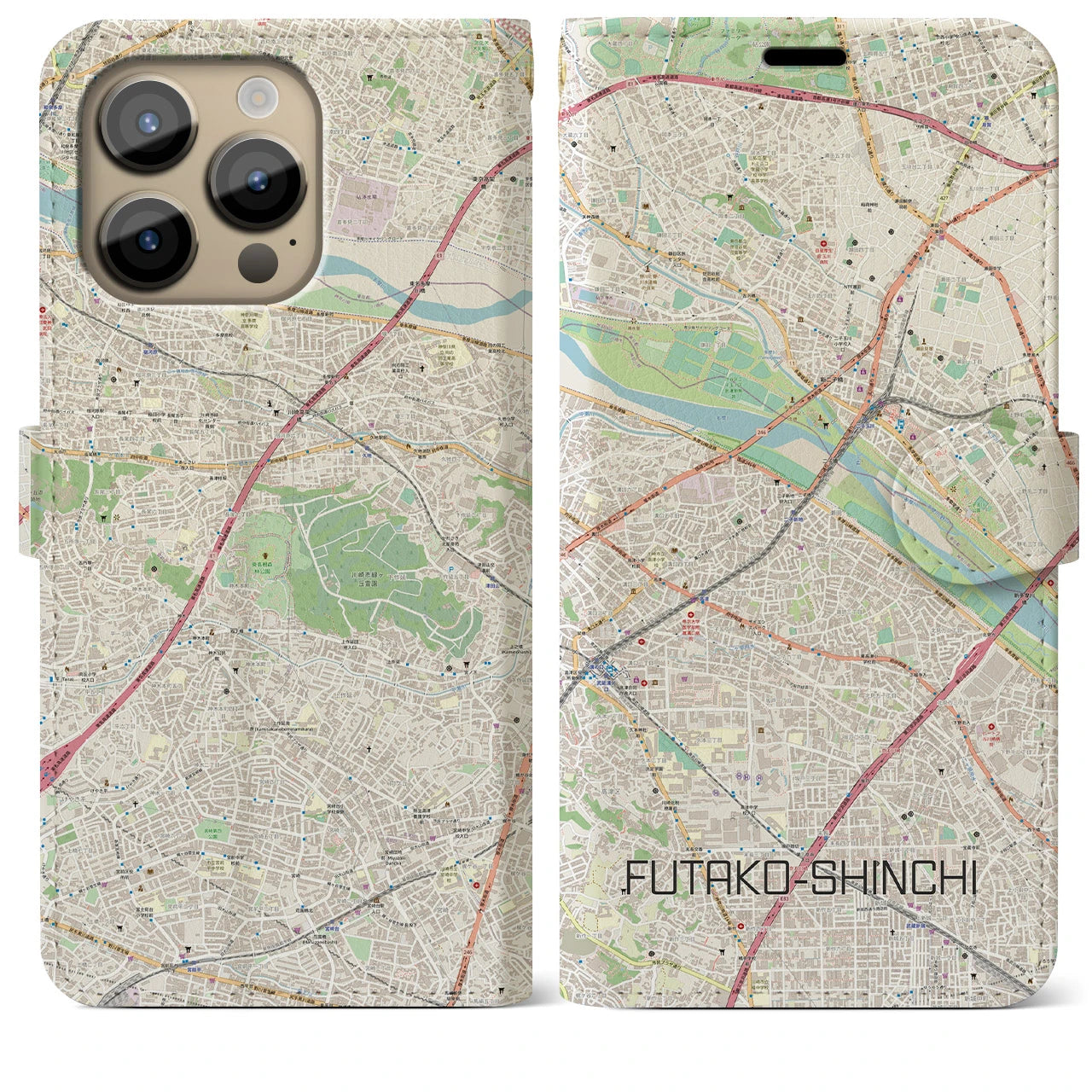 【二子新地】地図柄iPhoneケース（手帳両面タイプ・ナチュラル）iPhone 14 Pro Max 用