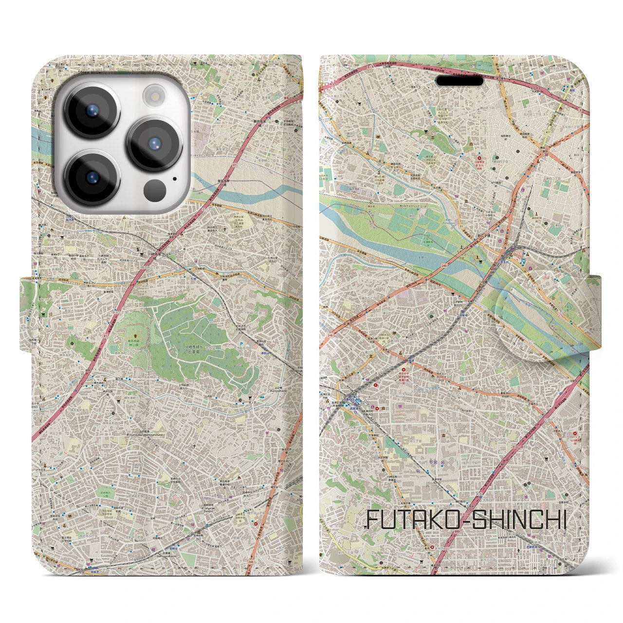 【二子新地】地図柄iPhoneケース（手帳両面タイプ・ナチュラル）iPhone 14 Pro 用