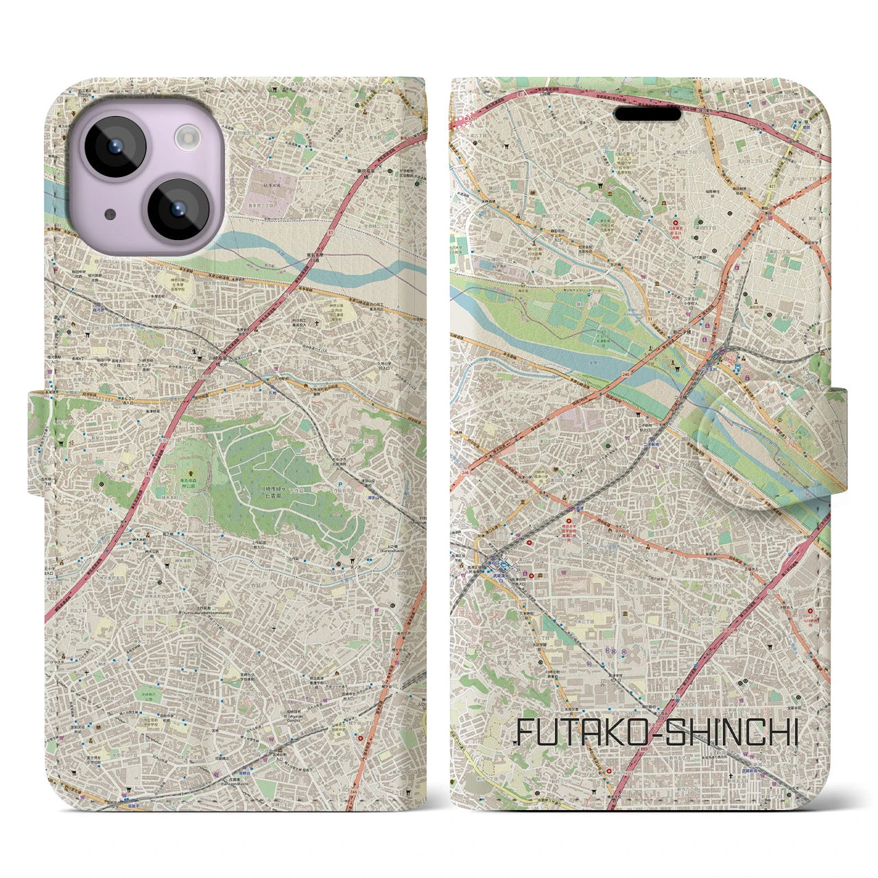 【二子新地】地図柄iPhoneケース（手帳両面タイプ・ナチュラル）iPhone 14 用
