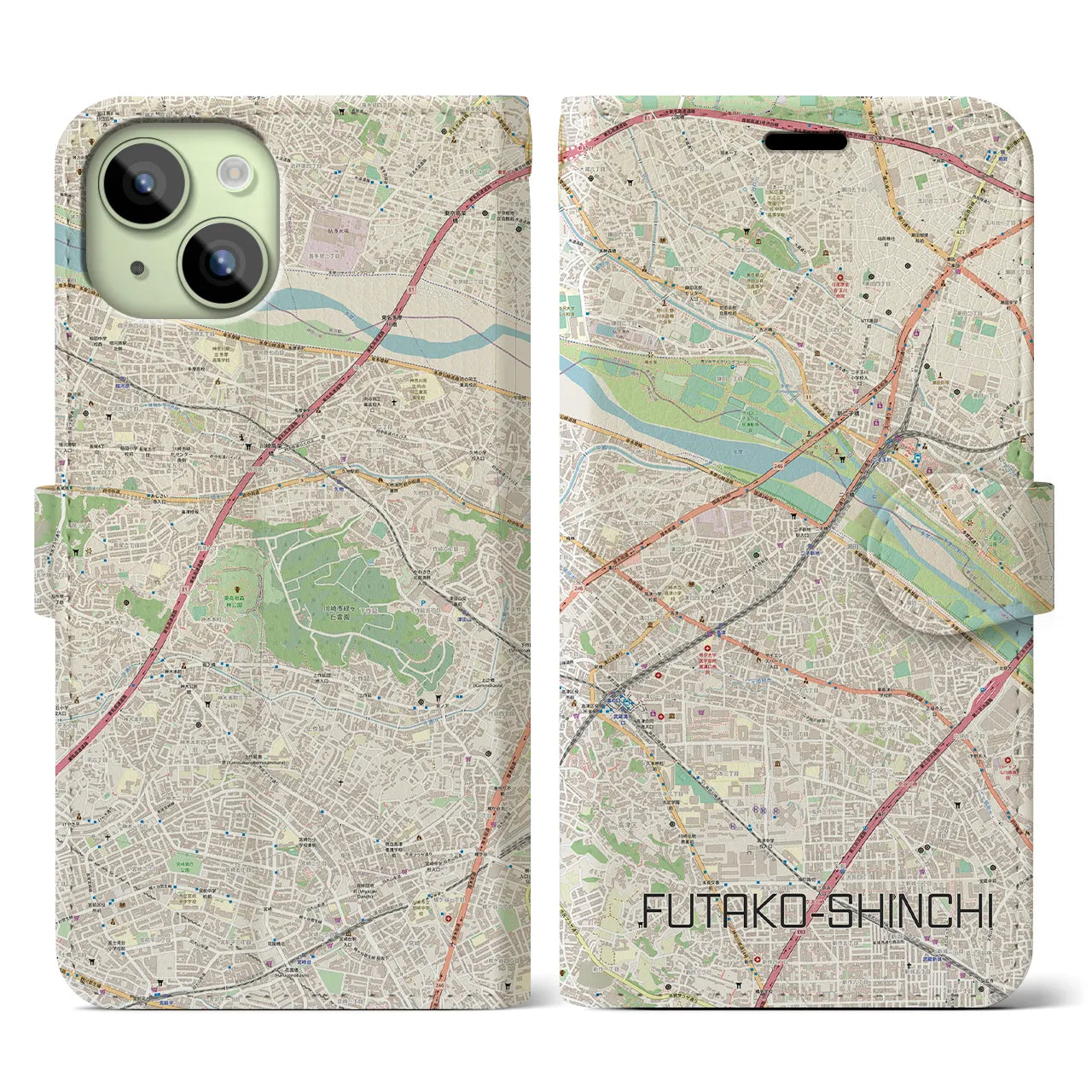 【二子新地】地図柄iPhoneケース（手帳両面タイプ・ナチュラル）iPhone 15 用