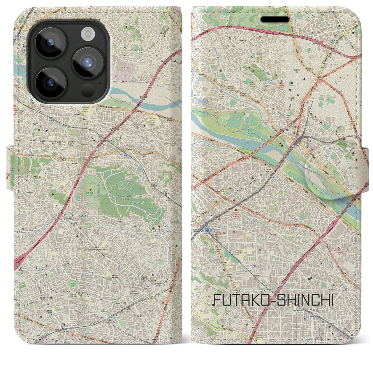 【二子新地】地図柄iPhoneケース（手帳両面タイプ・ナチュラル）iPhone 15 Pro Max 用