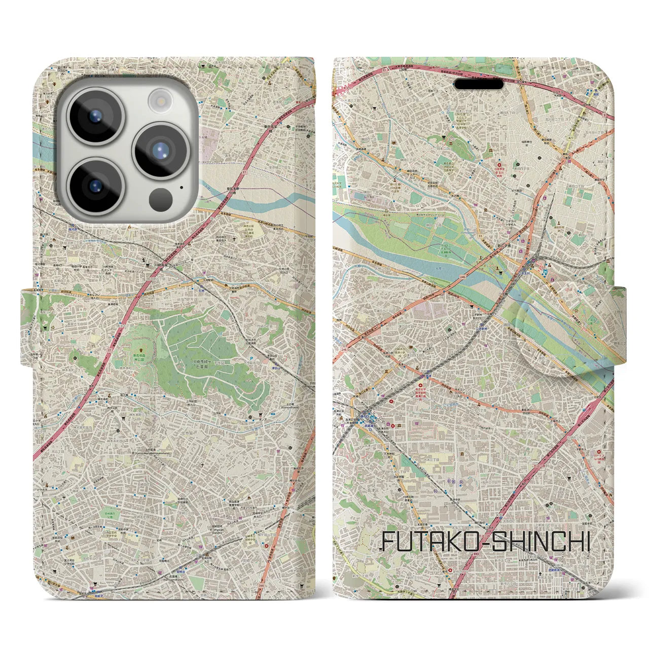 【二子新地】地図柄iPhoneケース（手帳両面タイプ・ナチュラル）iPhone 15 Pro 用