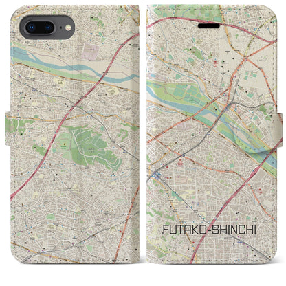 【二子新地（神奈川県）】地図柄iPhoneケース（手帳タイプ）ナチュラル・iPhone 8Plus /7Plus / 6sPlus / 6Plus 用