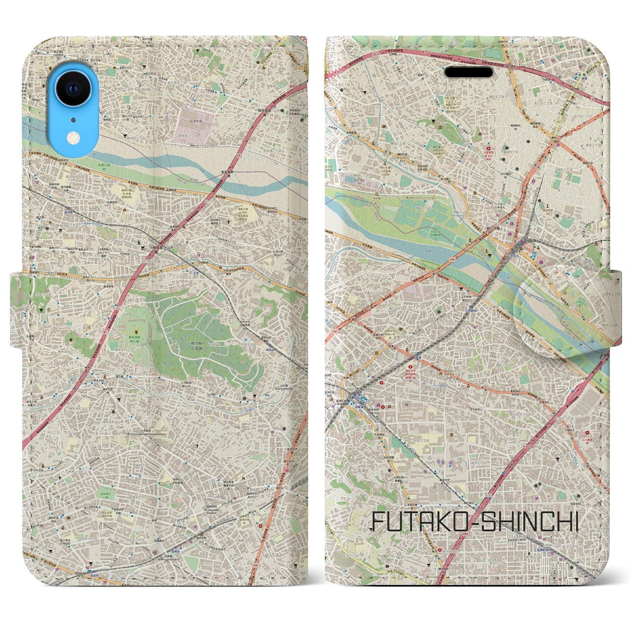 【二子新地】地図柄iPhoneケース（手帳両面タイプ・ナチュラル）iPhone XR 用