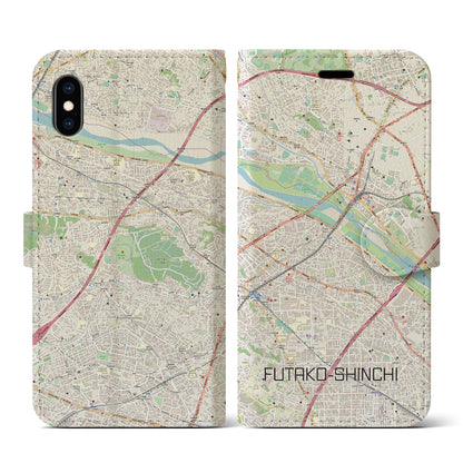 【二子新地（神奈川県）】地図柄iPhoneケース（手帳タイプ）ナチュラル・iPhone XS / X 用