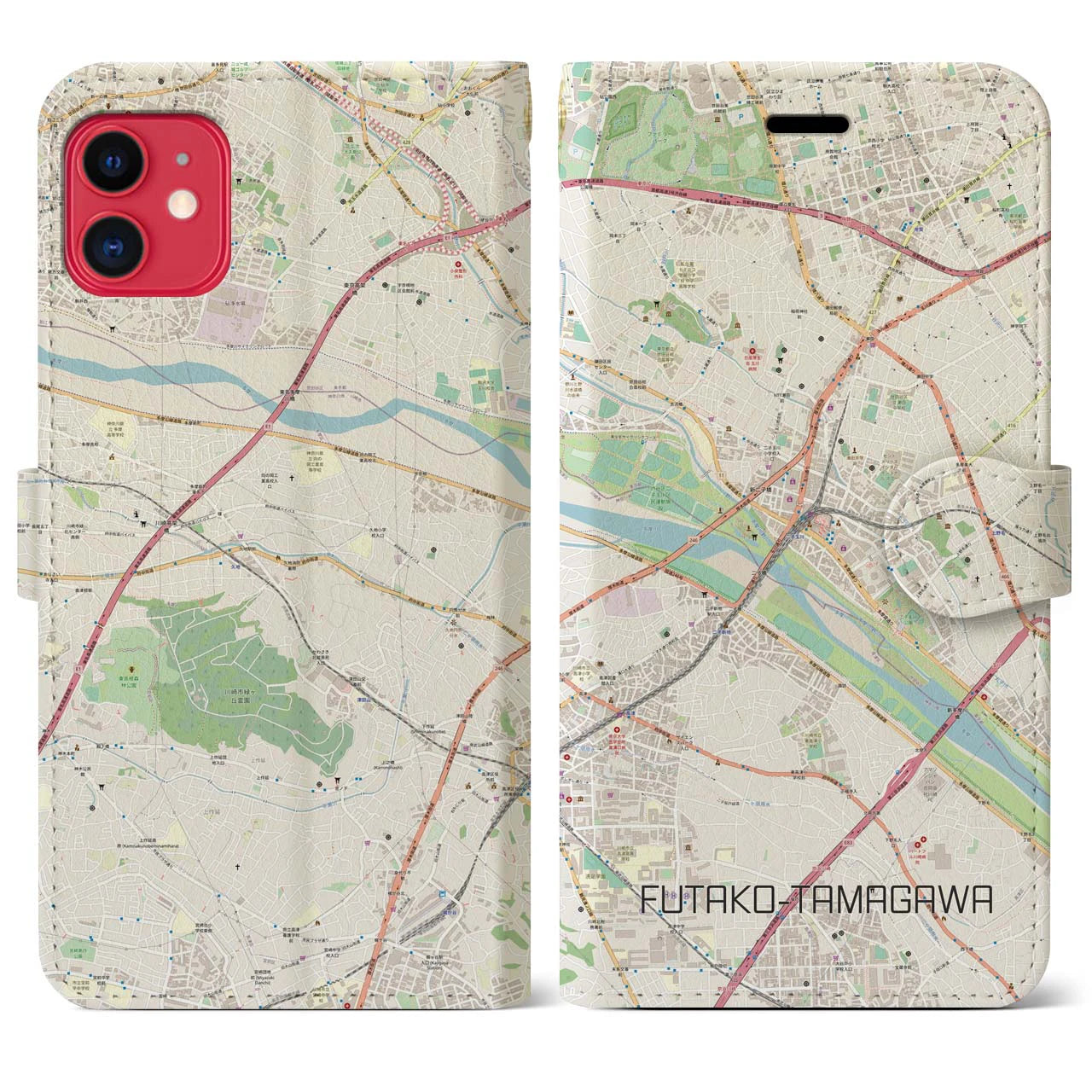 【二子玉川】地図柄iPhoneケース（手帳両面タイプ・ナチュラル）iPhone 11 用