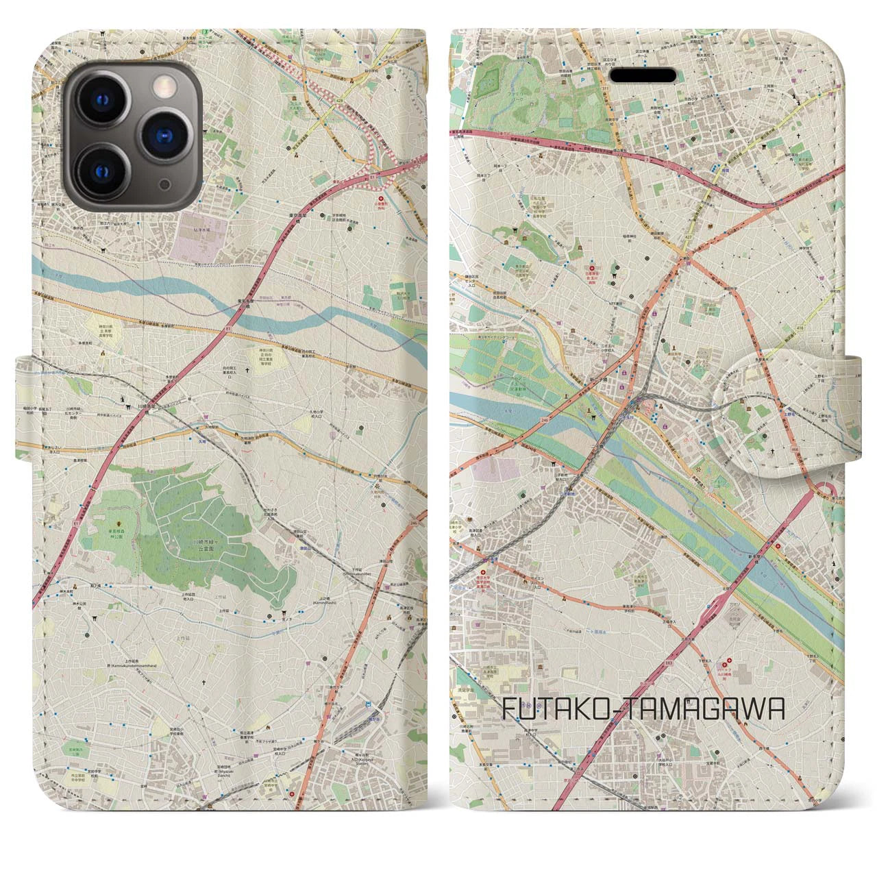 【二子玉川】地図柄iPhoneケース（手帳両面タイプ・ナチュラル）iPhone 11 Pro Max 用