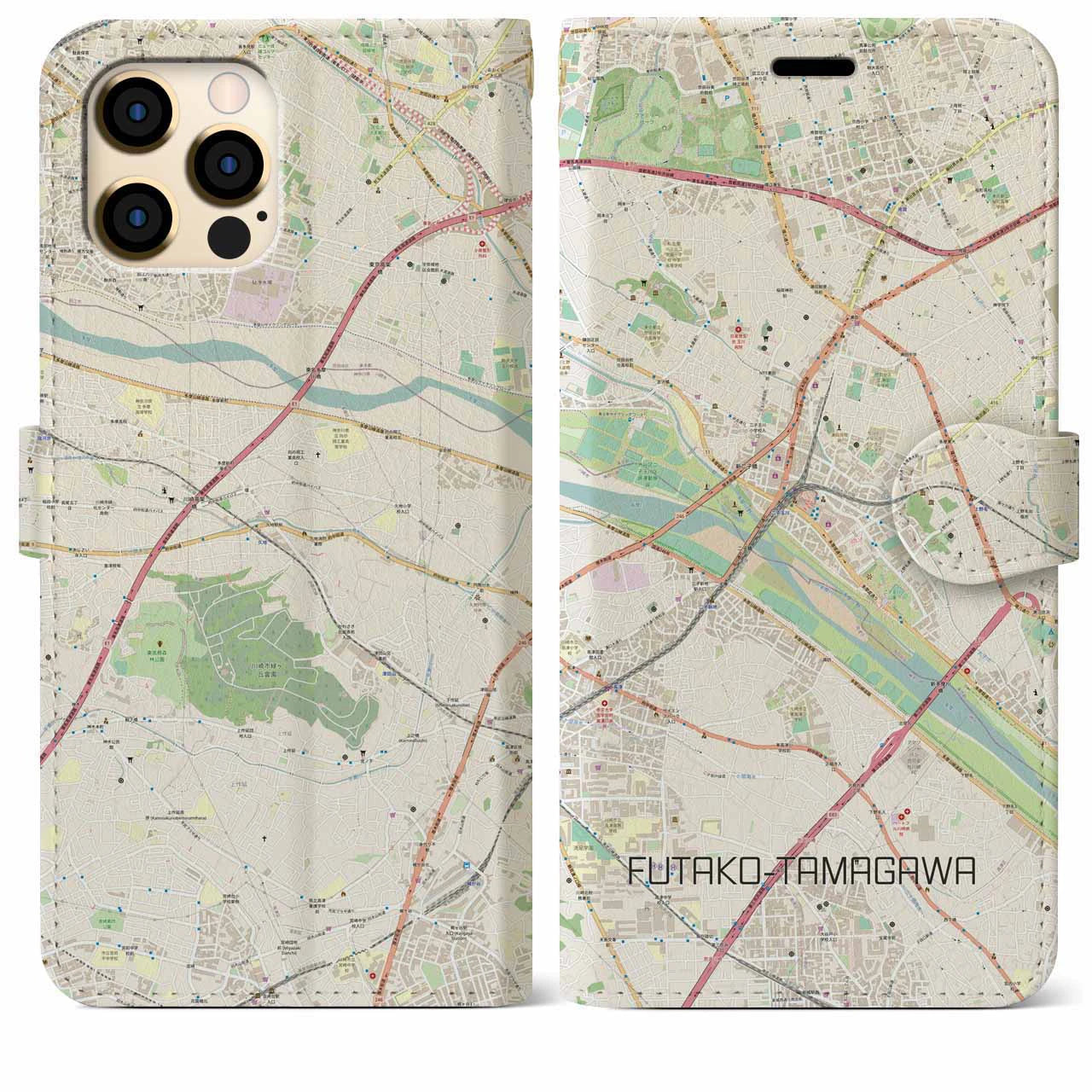 【二子玉川】地図柄iPhoneケース（手帳両面タイプ・ナチュラル）iPhone 12 Pro Max 用