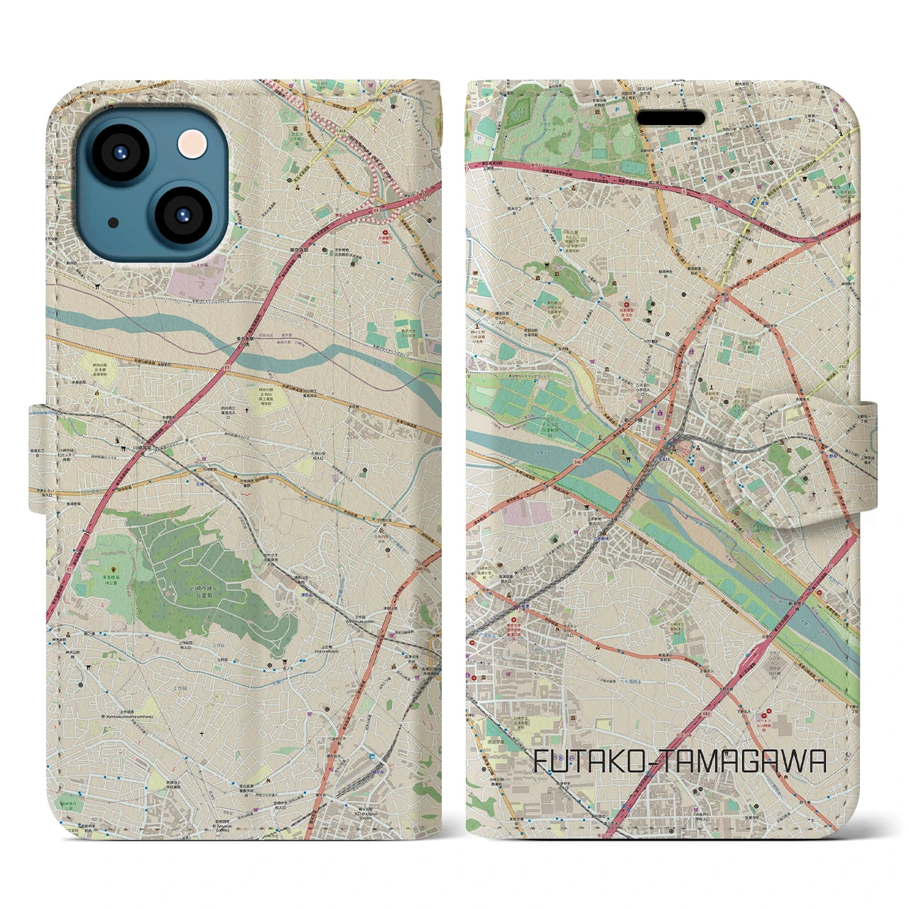 【二子玉川】地図柄iPhoneケース（手帳両面タイプ・ナチュラル）iPhone 13 用