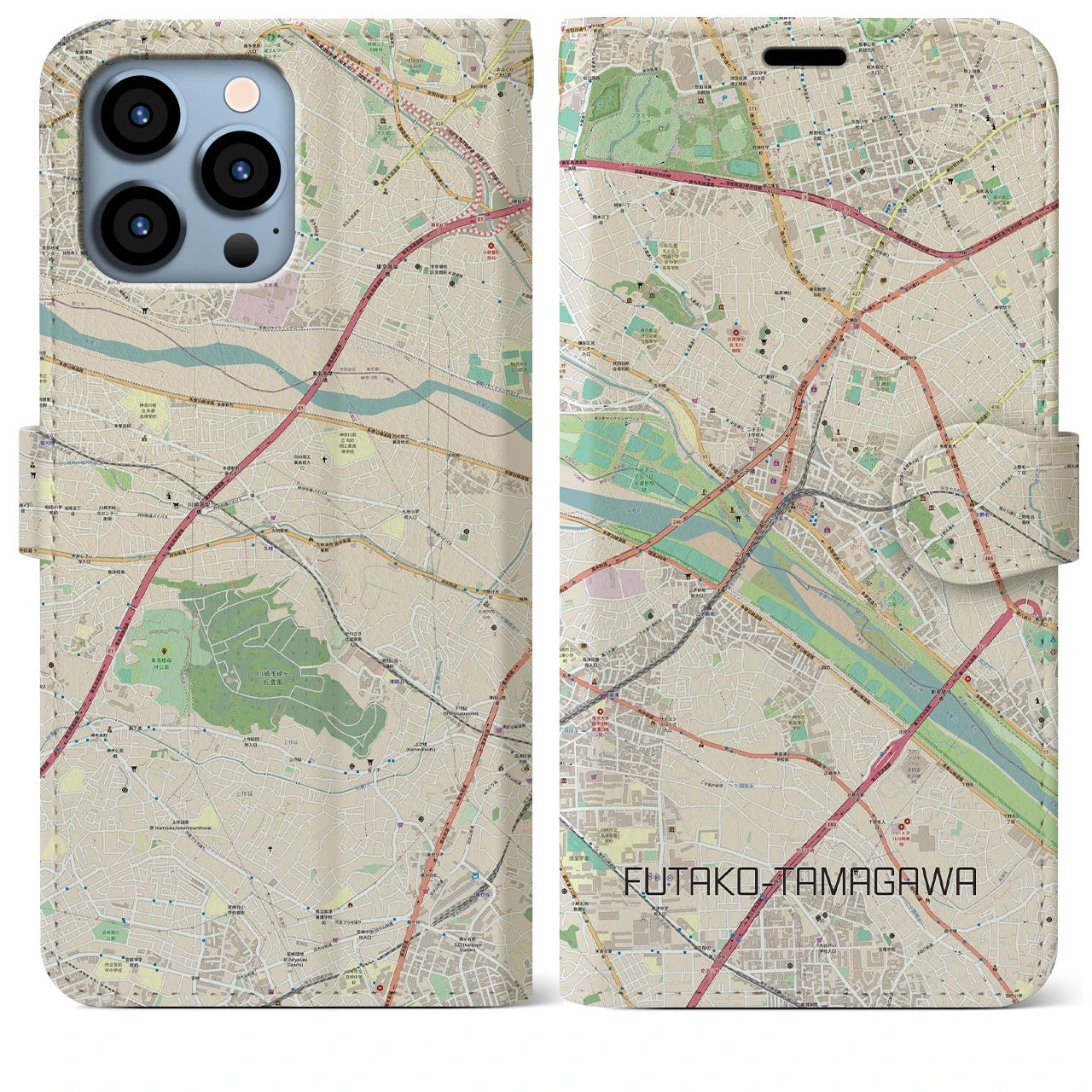 【二子玉川】地図柄iPhoneケース（手帳両面タイプ・ナチュラル）iPhone 13 Pro Max 用
