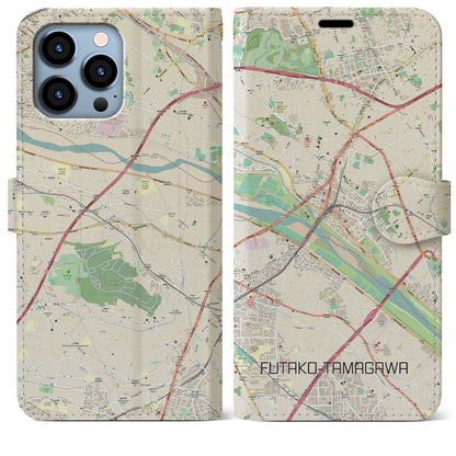 【二子玉川（東京都）】地図柄iPhoneケース（手帳タイプ）ナチュラル・iPhone 13 Pro Max 用