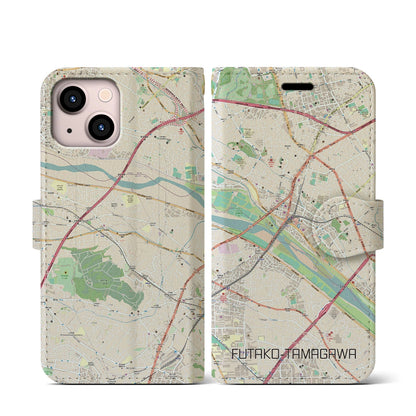 【二子玉川（東京都）】地図柄iPhoneケース（手帳タイプ）ナチュラル・iPhone 13 mini 用