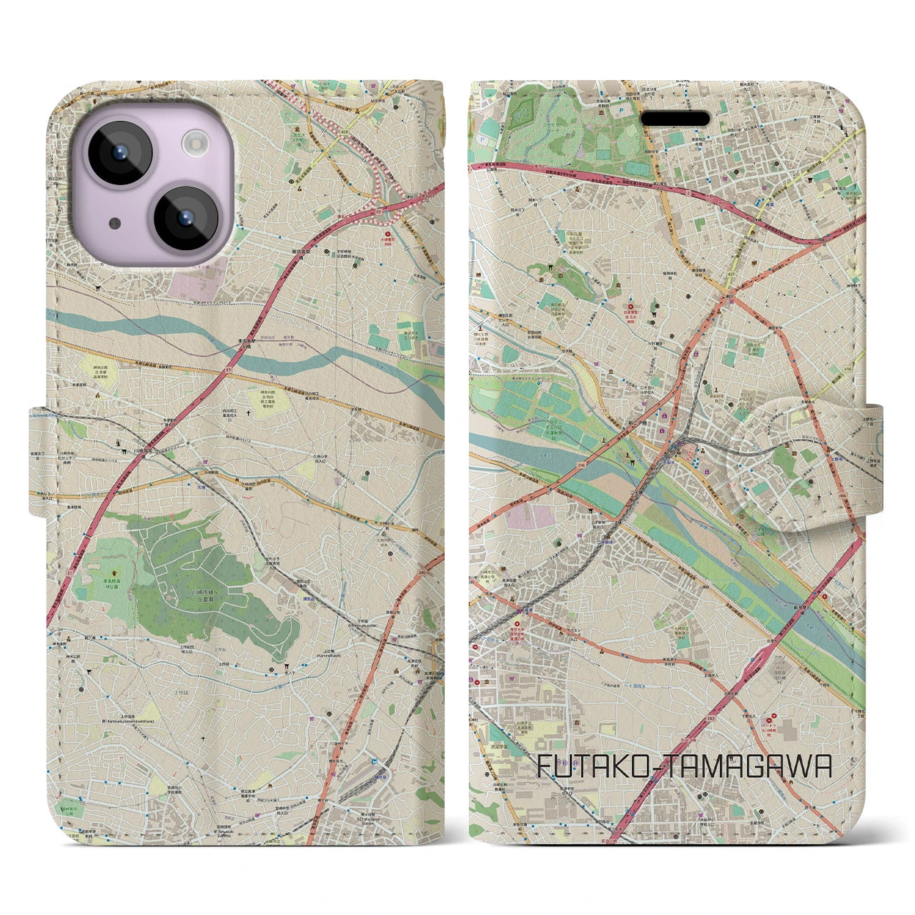 【二子玉川】地図柄iPhoneケース（手帳両面タイプ・ナチュラル）iPhone 14 用