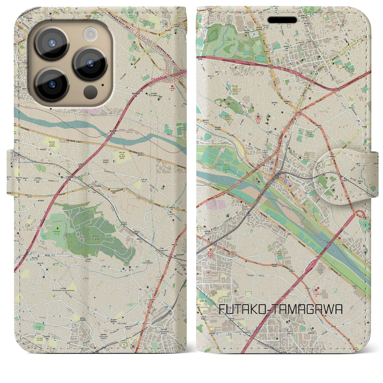 【二子玉川】地図柄iPhoneケース（手帳両面タイプ・ナチュラル）iPhone 14 Pro Max 用