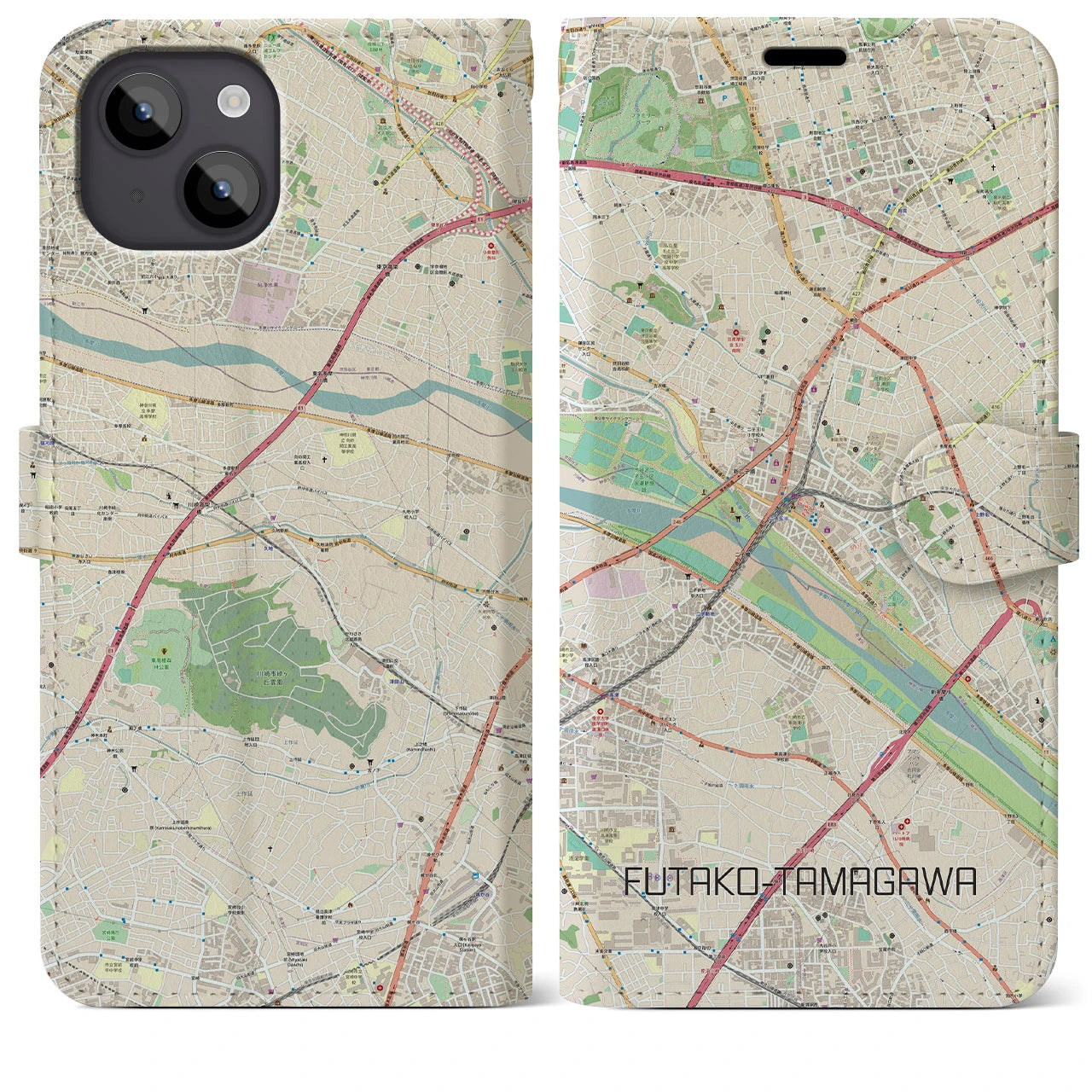【二子玉川】地図柄iPhoneケース（手帳両面タイプ・ナチュラル）iPhone 14 Plus 用