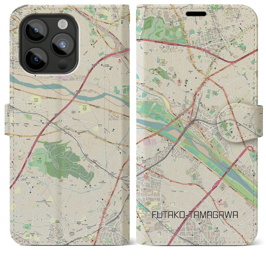 【二子玉川】地図柄iPhoneケース（手帳両面タイプ・ナチュラル）iPhone 15 Pro Max 用