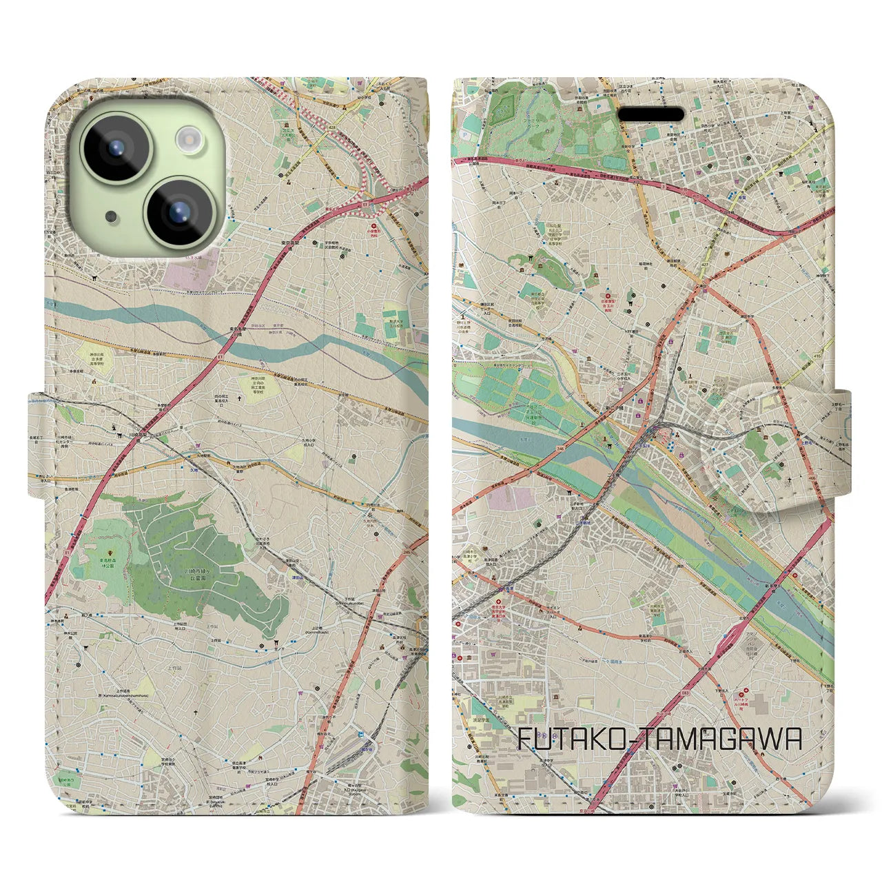 【二子玉川】地図柄iPhoneケース（手帳両面タイプ・ナチュラル）iPhone 15 用