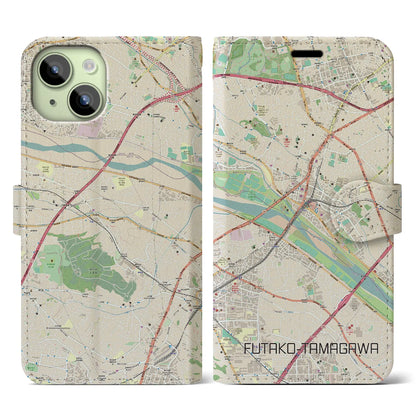 【二子玉川（東京都）】地図柄iPhoneケース（手帳タイプ）ナチュラル・iPhone 15 用