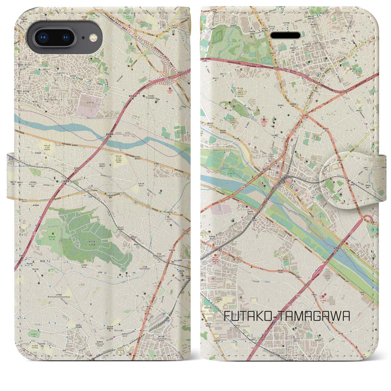 【二子玉川】地図柄iPhoneケース（手帳両面タイプ・ナチュラル）iPhone 8Plus /7Plus / 6sPlus / 6Plus 用