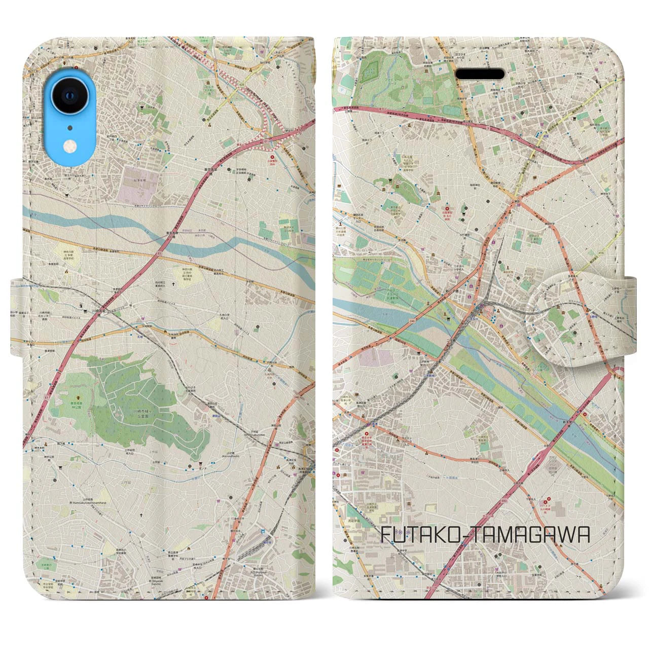 【二子玉川】地図柄iPhoneケース（手帳両面タイプ・ナチュラル）iPhone XR 用