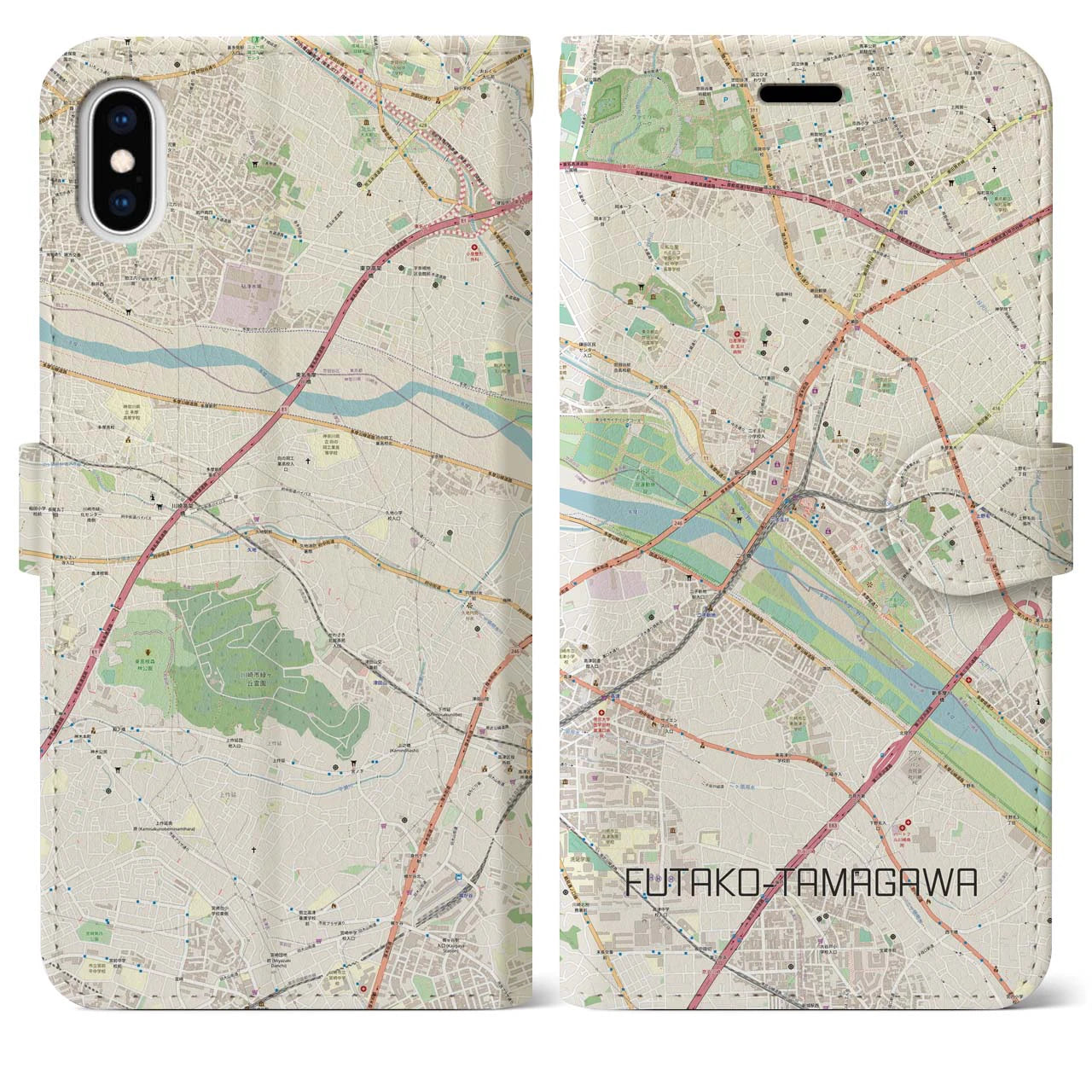 【二子玉川】地図柄iPhoneケース（手帳両面タイプ・ナチュラル）iPhone XS Max 用