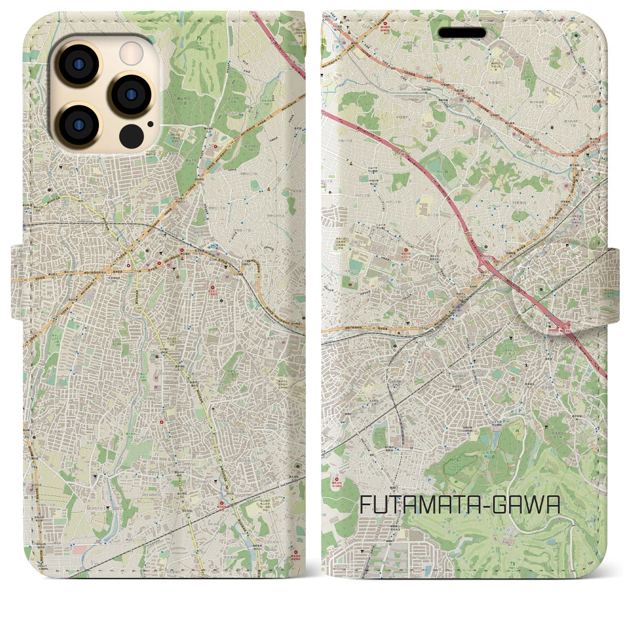 【二俣川】地図柄iPhoneケース（手帳両面タイプ・ナチュラル）iPhone 12 Pro Max 用