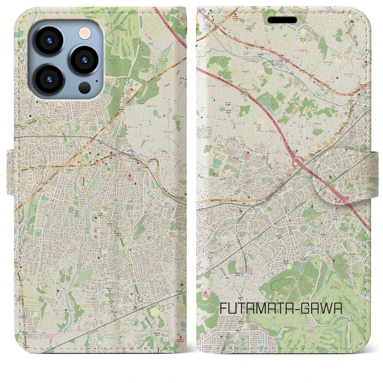 【二俣川】地図柄iPhoneケース（手帳両面タイプ・ナチュラル）iPhone 13 Pro Max 用