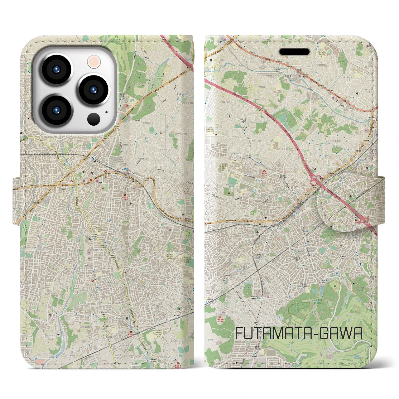 【二俣川】地図柄iPhoneケース（手帳両面タイプ・ナチュラル）iPhone 13 Pro 用