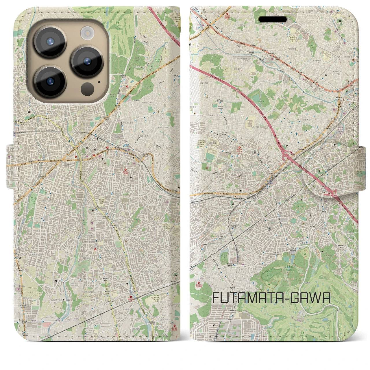 【二俣川】地図柄iPhoneケース（手帳両面タイプ・ナチュラル）iPhone 14 Pro Max 用