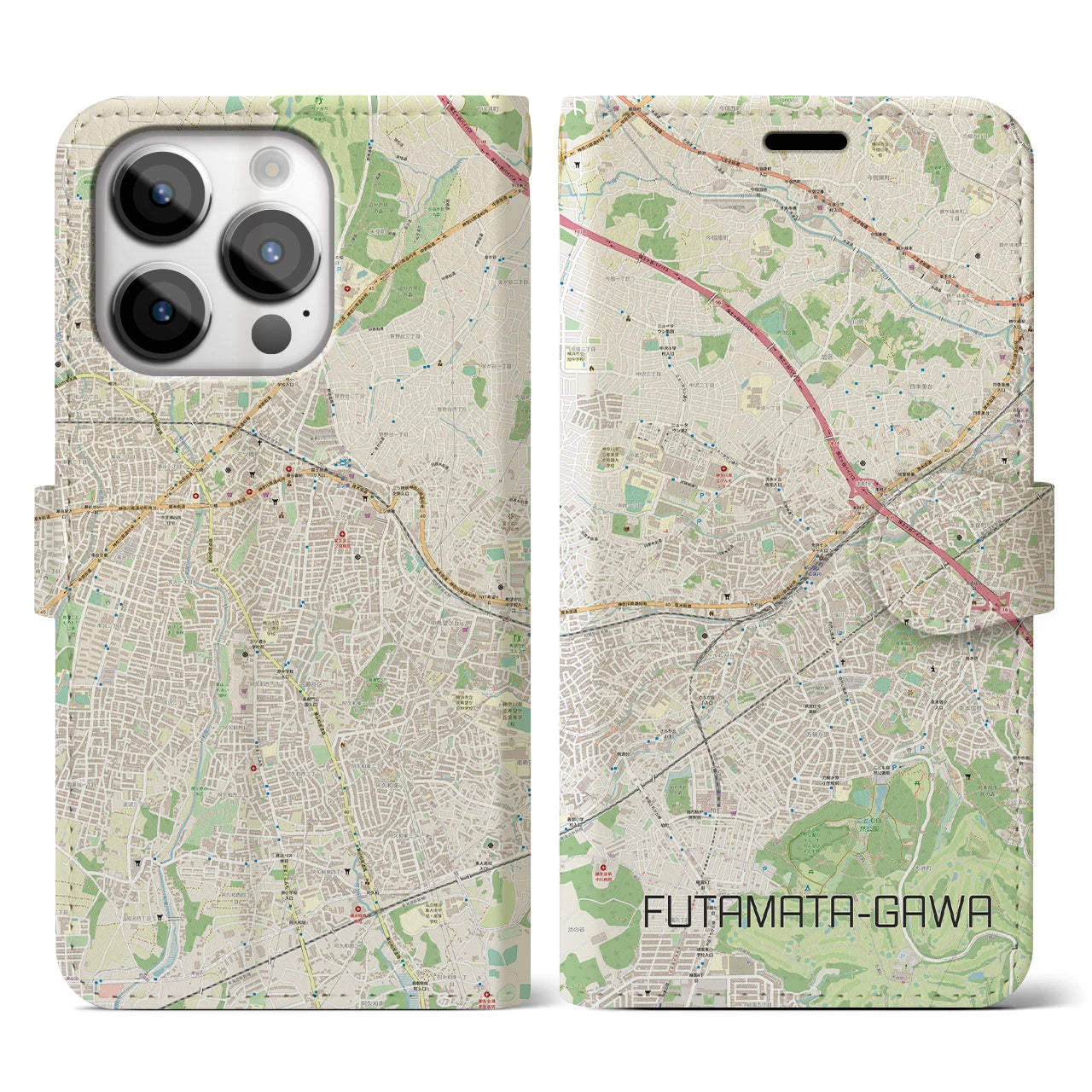 【二俣川】地図柄iPhoneケース（手帳両面タイプ・ナチュラル）iPhone 14 Pro 用